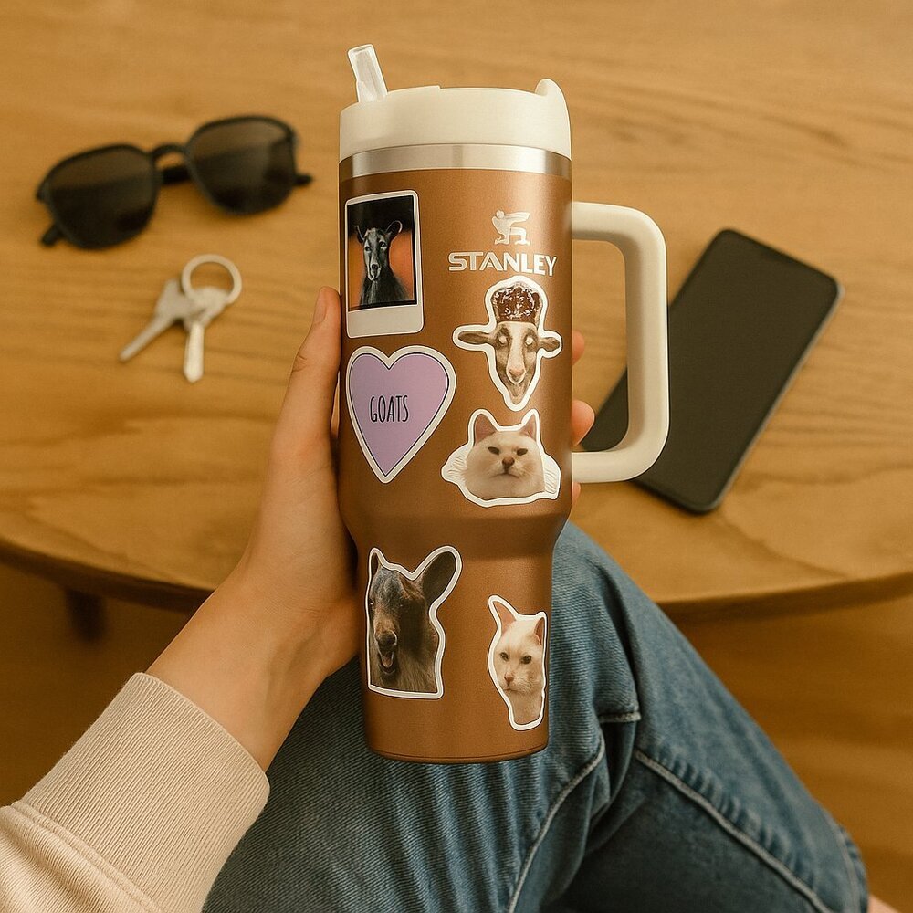Custom Stanley Travel Mug with Animal Stickers – 40 oz Tumbler with Straw & Hand